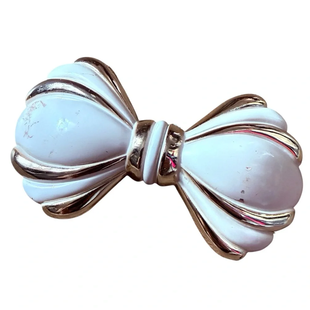Vintage White & Gold French‎ Bow Barrette at 4” Long, Metal Hair Clip, Deadstock